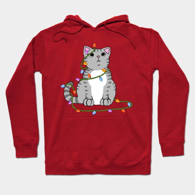 Cute Christmas Cat Wrapped in Xmas Lights Kawaii Gray Tabby Hoodie by xenotransplant